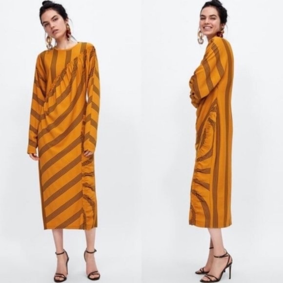 Zara collection Yellow Mustard Black Dress Midi Ruffled Ruched Dress L large - Picture 1 of 11